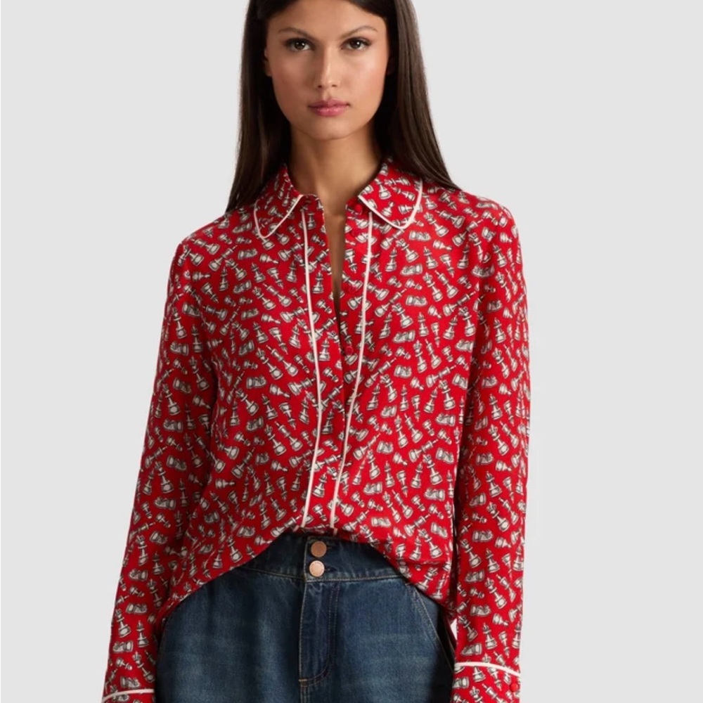 Alice + Olivia queening willa silk Red and White Button Down Shirt chess selkie